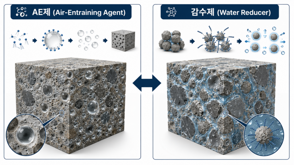 AE제와 감수제의 작용 메커니즘 1 ae vs water reducer.webp