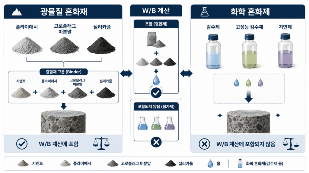 물-결합재비(W/B)와 물-시멘트비(W/C)의 차이(계산기) 2 binder vs admixture.webp
