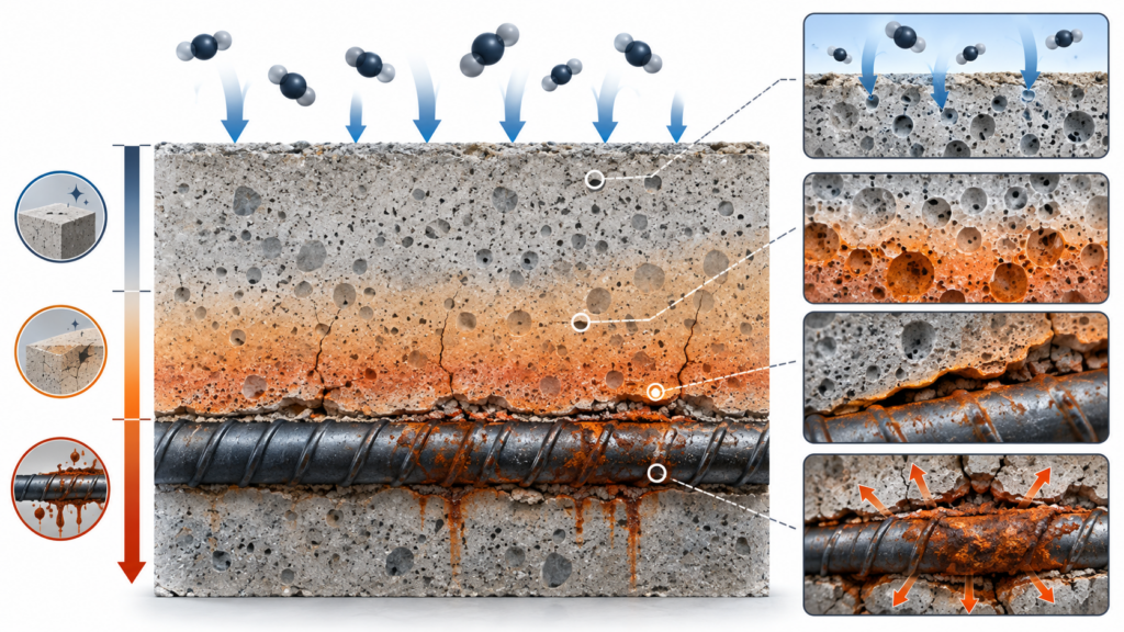 RC 구조물 중성화 속도 계산 1 carbonation corrosion process.webp