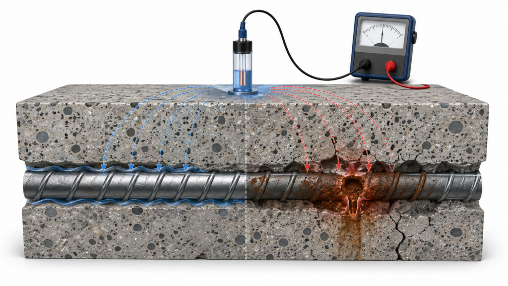 철근 부식 전위 측정법(Half Cell Potential) 2 half cell corrosion principle.webp