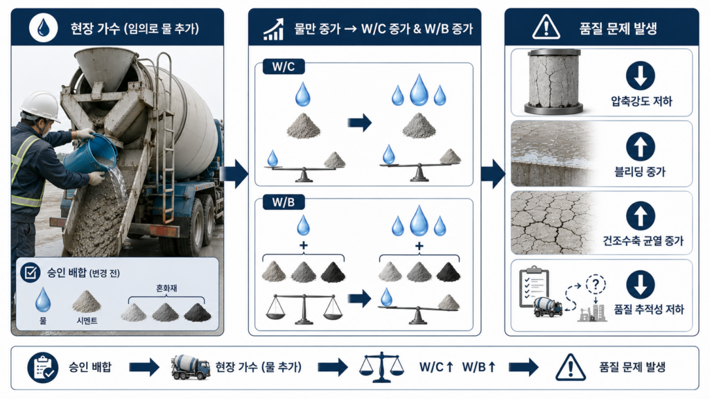 물-결합재비(W/B)와 물-시멘트비(W/C)의 차이(계산기) 4 onsite water wc wb change.webp