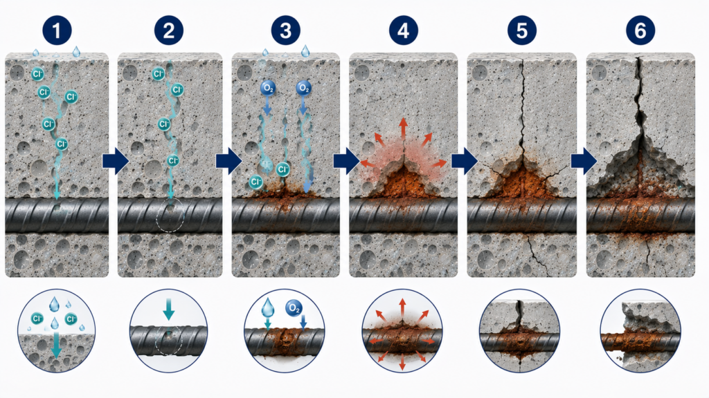 염화물 침투 메커니즘 분석 3 rebar corrosion progression.webp