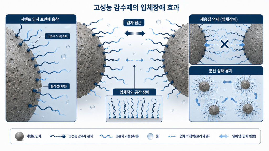 AE제와 감수제의 작용 메커니즘 5 steric hindrance superplasticizer.webp