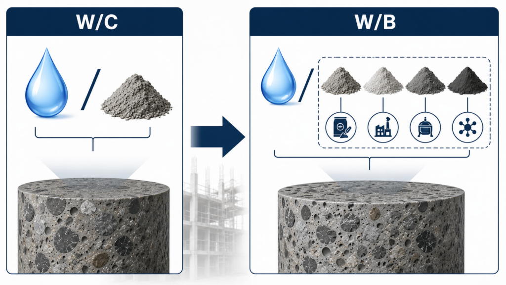 물-결합재비(W/B)와 물-시멘트비(W/C)의 차이(계산기) 1 wc vs wb comparison.webp